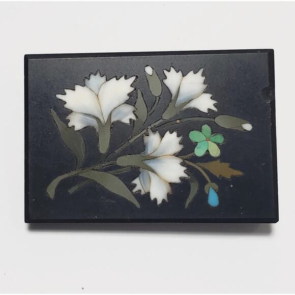 Antique Italian Pietra Dura Inlaid Stone White Flowers Pin Brooch Chipped
